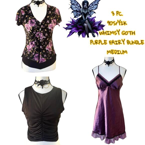 90'S Y2K 3 PC. PURPLE FAIRY WHIMSY GOTH BUNDLE MEDIUM - Picture 1 of 8